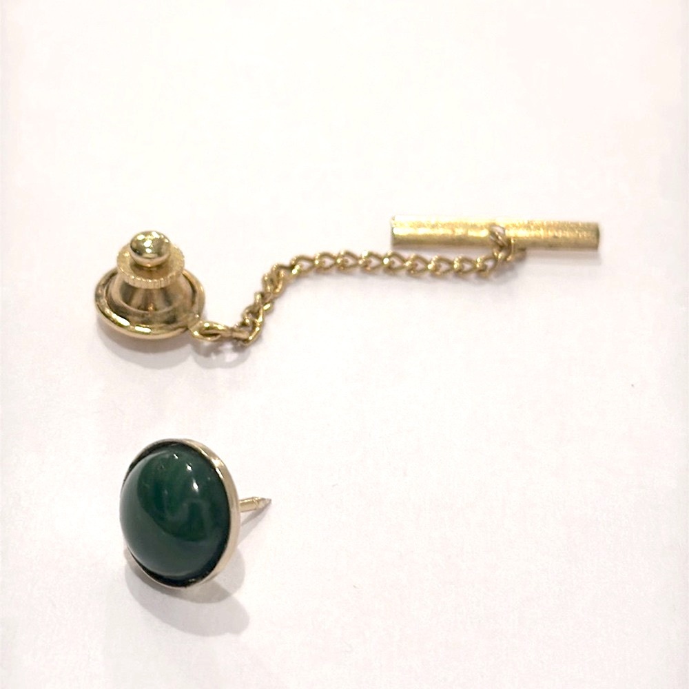 Vintage Green Glass or Stone Men’s Tie Tack / Lapel Pin in Gold-tone Setting